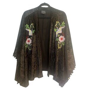 GYPSY HEART Crushed Burn Out Embroidered Velvet black Kimono Womens Sz Large